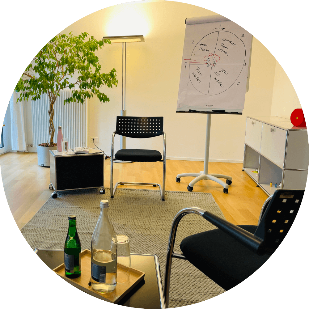 Praxis und Büro in Zürich von Nathalie Brady und Claude Keller. Einrichtung modern mit grossem Baum (grün) und einem lindgrünen Teppich und dunkelblauen Stühlen. Getränke stehen bereit. Der Raum ist hell und hat warmes Licht.